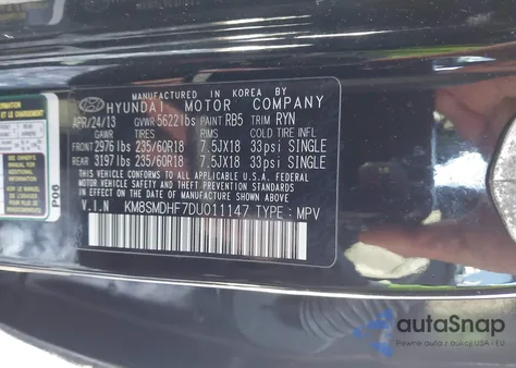 2013 Hyundai Santa Fe Gls z USA, uszkodzony, nr VIN KM8SMDHF7DU011147